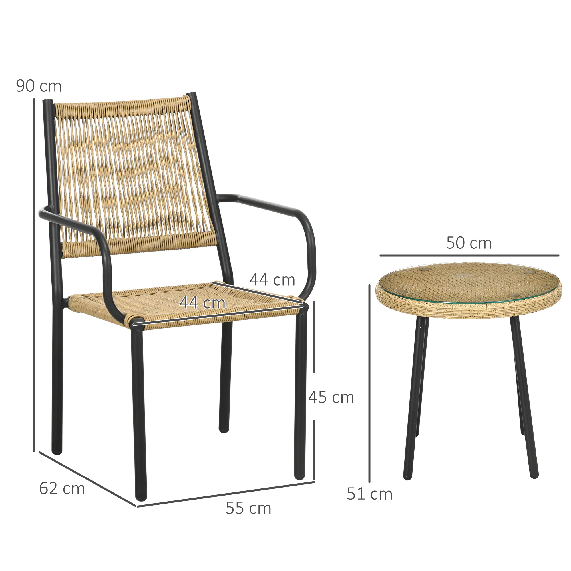 Outsunny Rattan Bistro-Set mit 2 Stühlen schwarz, natur 55L x 62B x 90H cm