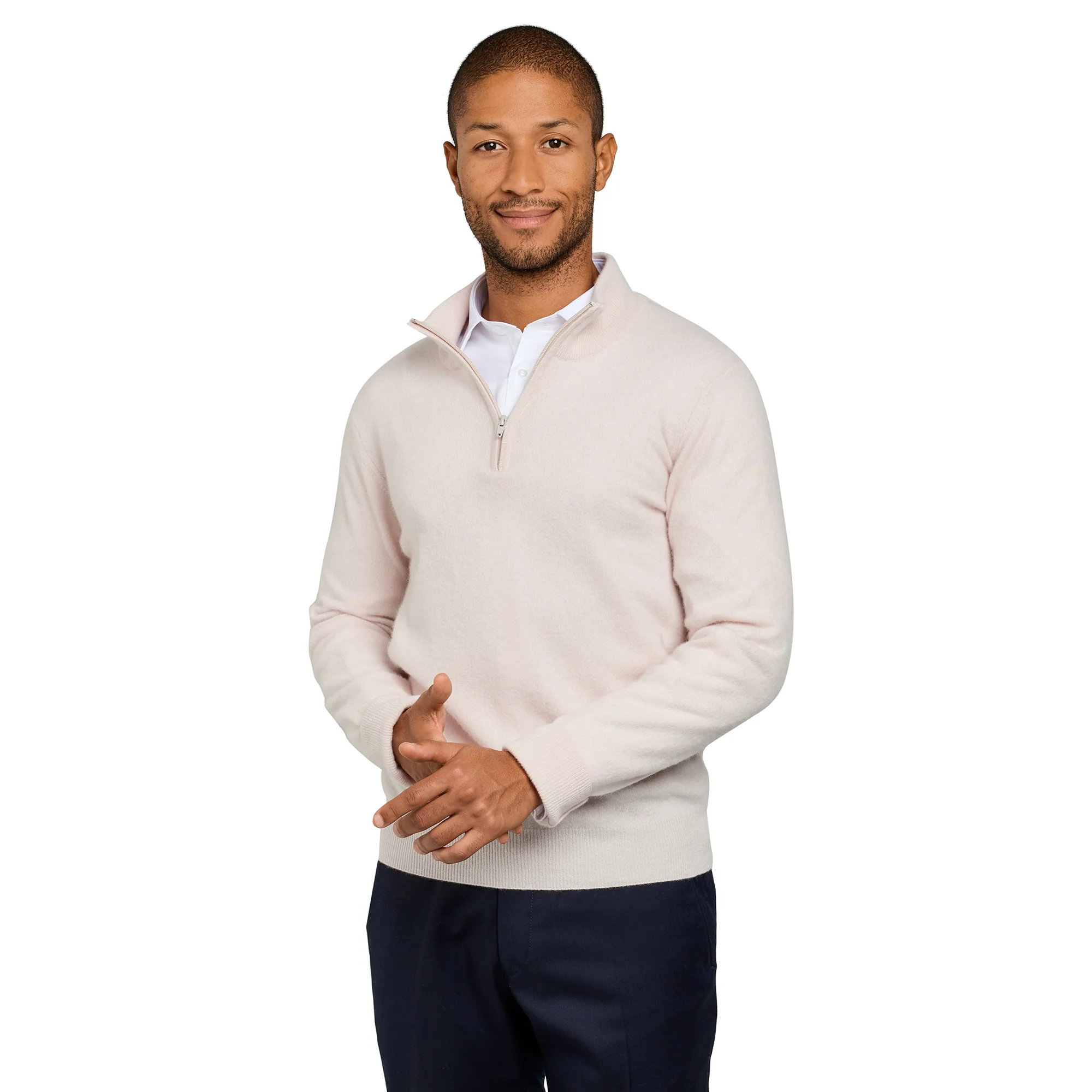 Pull col zip laine Mérinos et cachemire crème