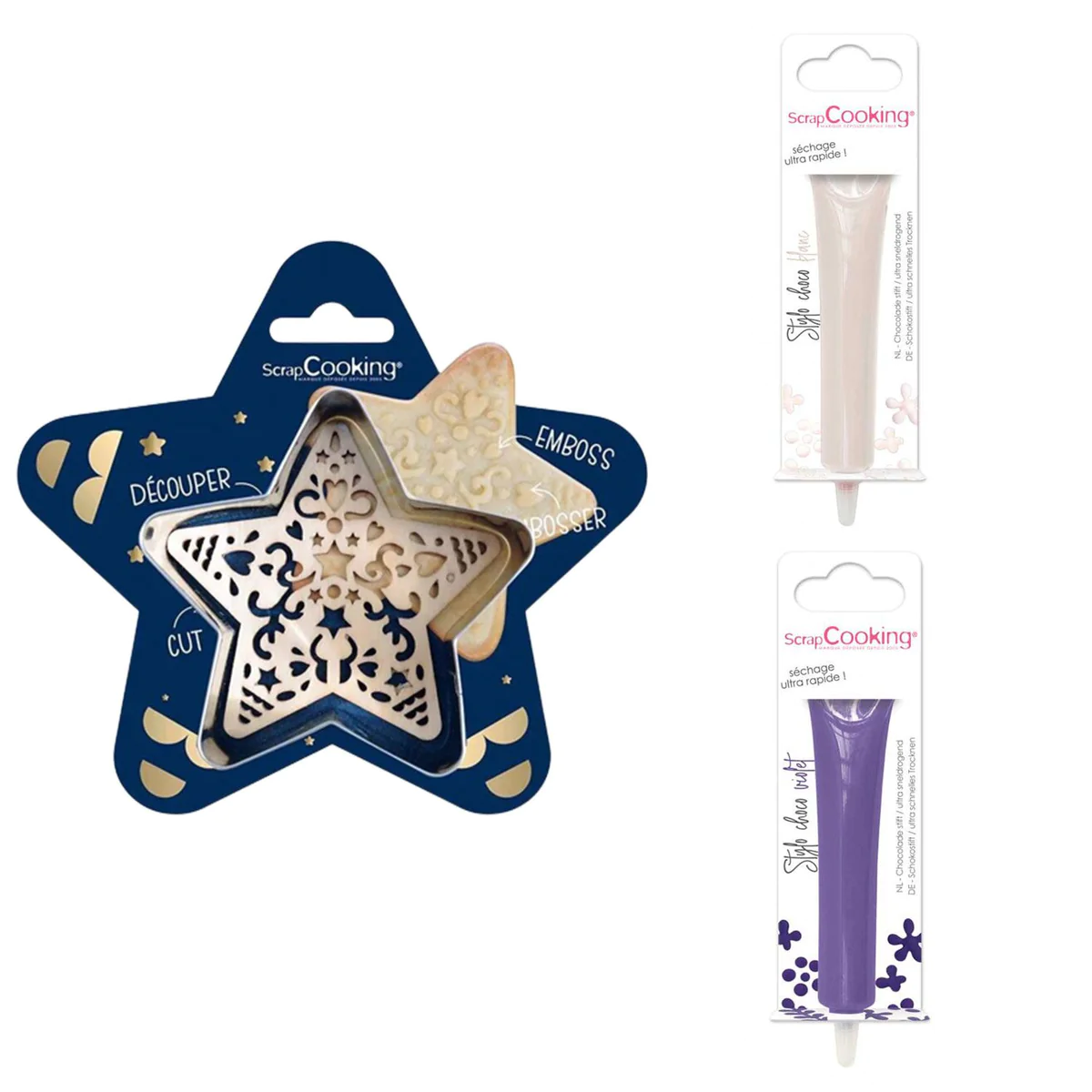 Kit pour biscuit en relief Étoile + 2 Stylos au chocolat blanc et viol