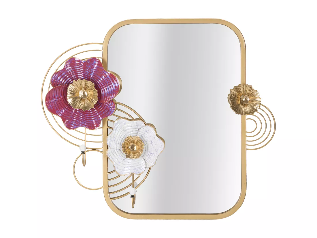 Miroir Mural Lovis - Cadre à Motifs Floraux et 2 Crochets Porte-Manteaux - 75x9,5x64,1 cm