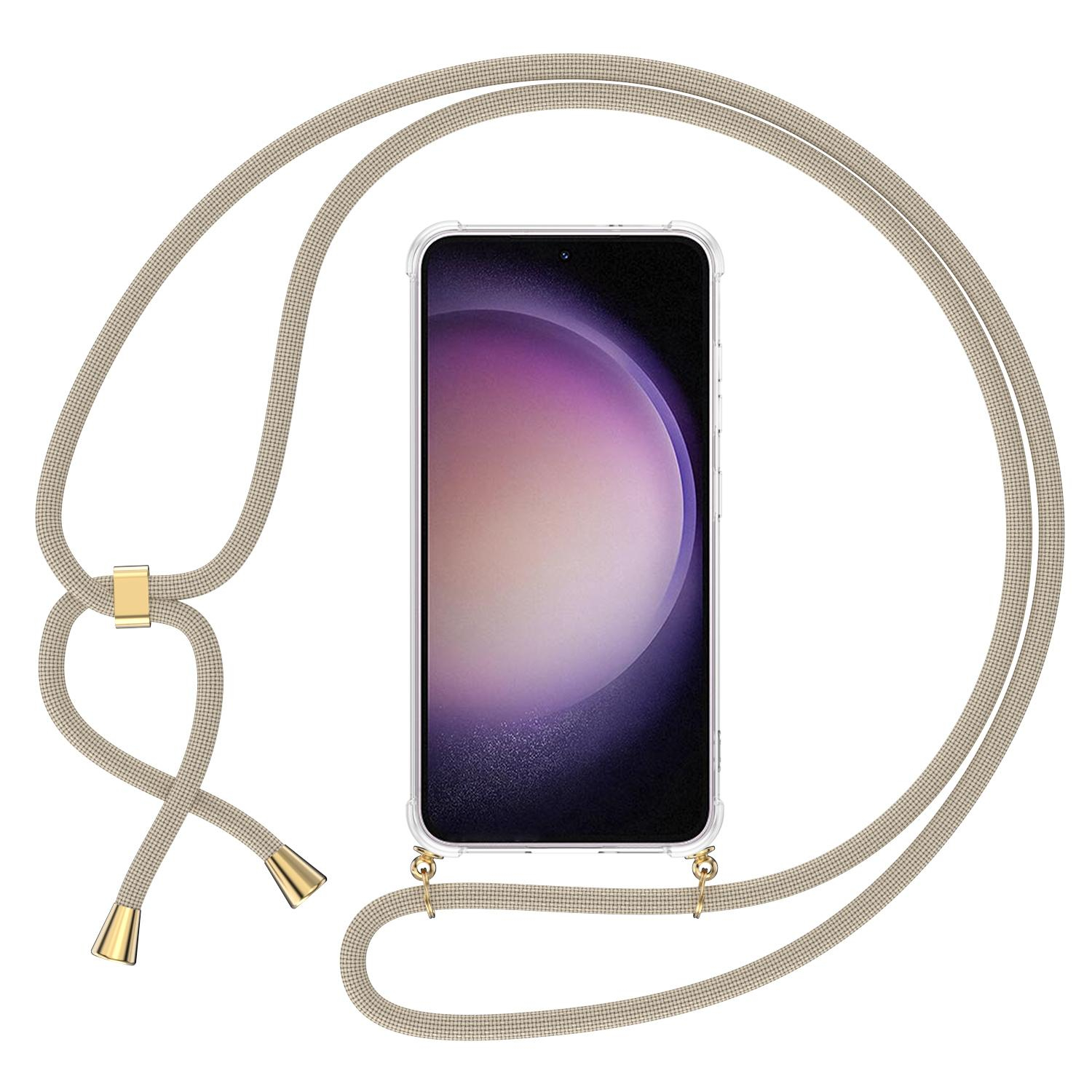Samsung Galaxy S23 5G Necklace Gummi Hülle Air Cushion Fallschutz   Handykette (150cm) - Beige / Gold