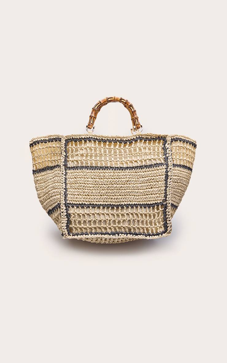 Sac De Plage En Raphia Rayé Avec Anses En Bambou