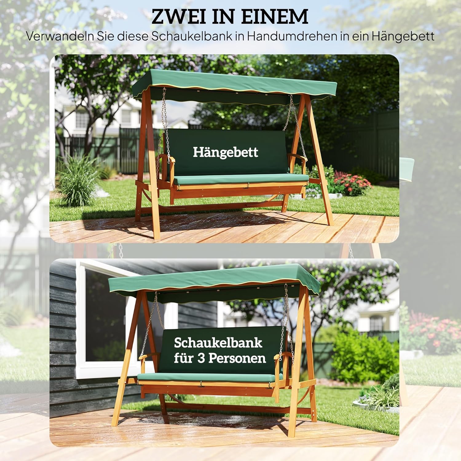 Outsunny 2 in 1 Hollywoodschaukel mit Liegefunktion, 3-Sitzer Gartenschaukel aus Holz, Holzschaukel mit Sonnendach Sitzauflage, Schaukelbank bis 330kg, für Garten, Terrasse, 236x130x181 cm, Dunkelgrün
