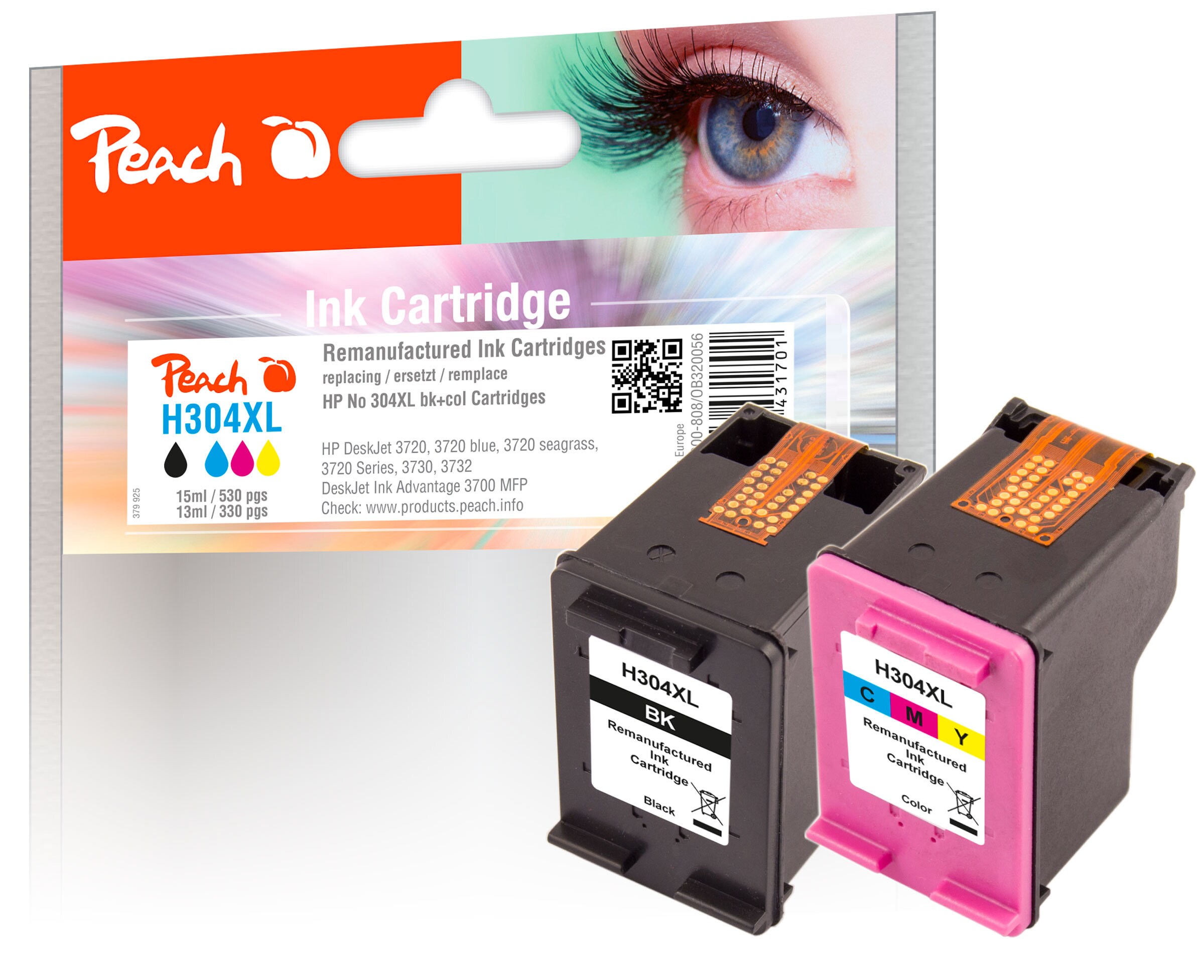 Peach HP 304 XL 2 Druckköpfe XL (bk, col) ersetzt HP No. 304XL, N9K08AE, N9K07AE für z.B. HP DeskJet 3750, HP DeskJet 3720, HP DeskJet 3730 (wiederaufbereitet)