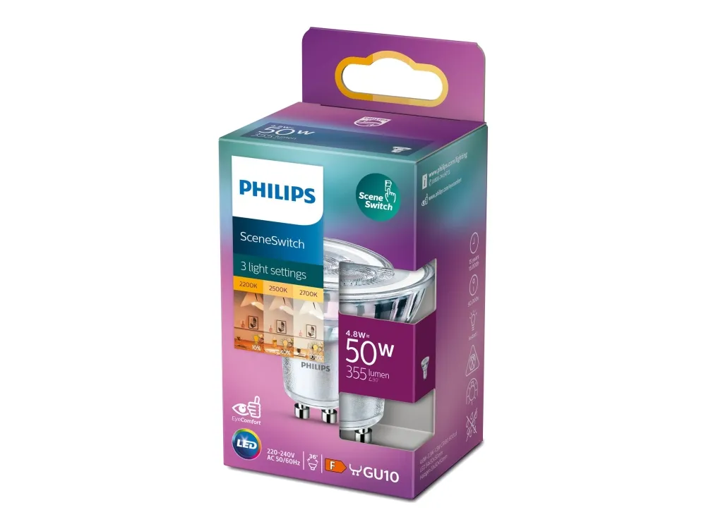 Philips SceneSwitch - LED-spot lyspære - form: PAR16 - GU10 - 1.5/3.5/4.8 W (tilsvarende 50 W) - klasse F - ekstravarmt hvidt/meget varmt hvidt/varmt hvidt lys - 2200/2500/2700 K