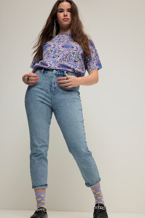 Mom-Jeans, Color-Nähte, 5-Pocket, Elastikbund, Zippfly