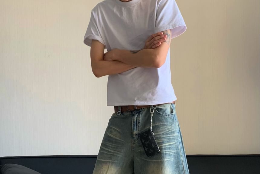 Double White - Laag uitgesneden denim shorts met wassing