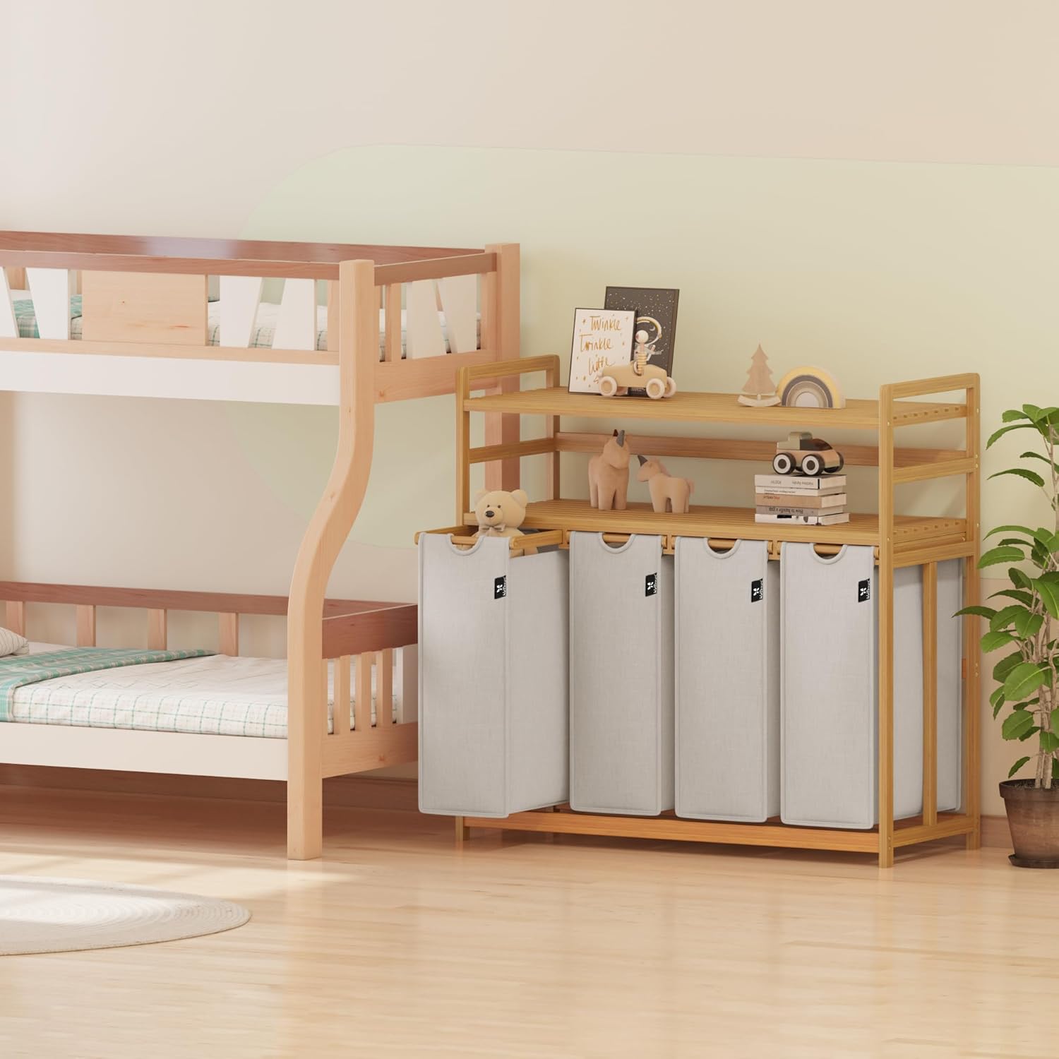 AdelDream Premium Wäschekorb 200L – Wäschesortierer mit 4 Fächern & 2 Ablagen, Bambus Wäschebox mit ausziehbarem & abnehmbarem Wäschesack, Hellgrau