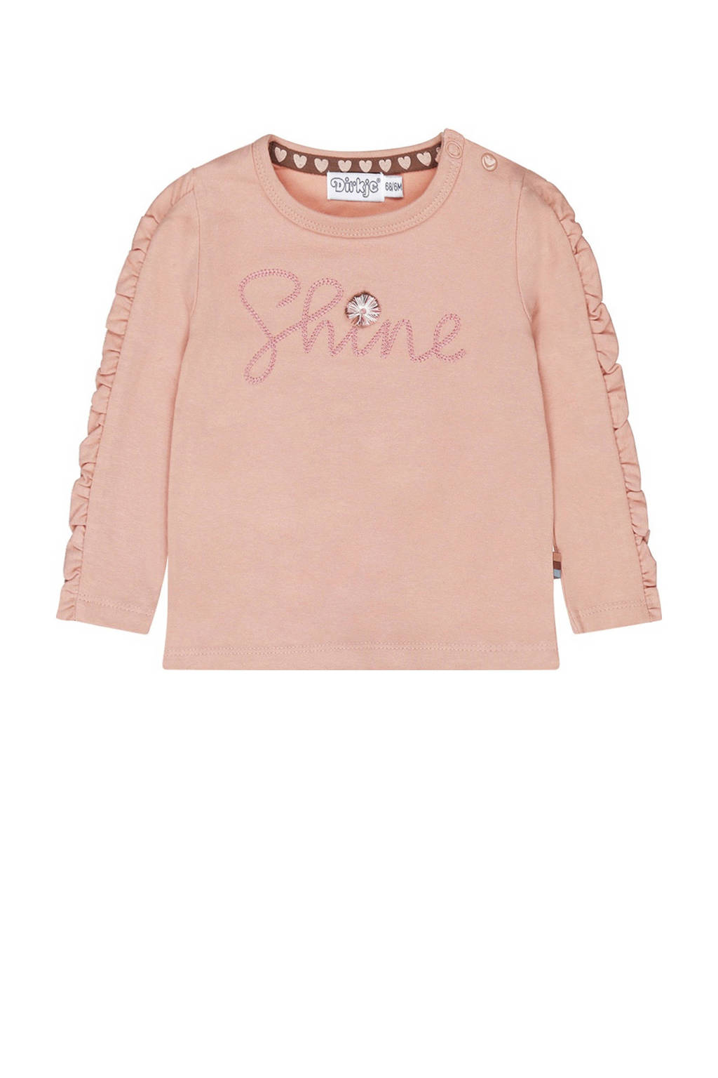 Dirkje longsleeve met tekst en borduursels lichtroze