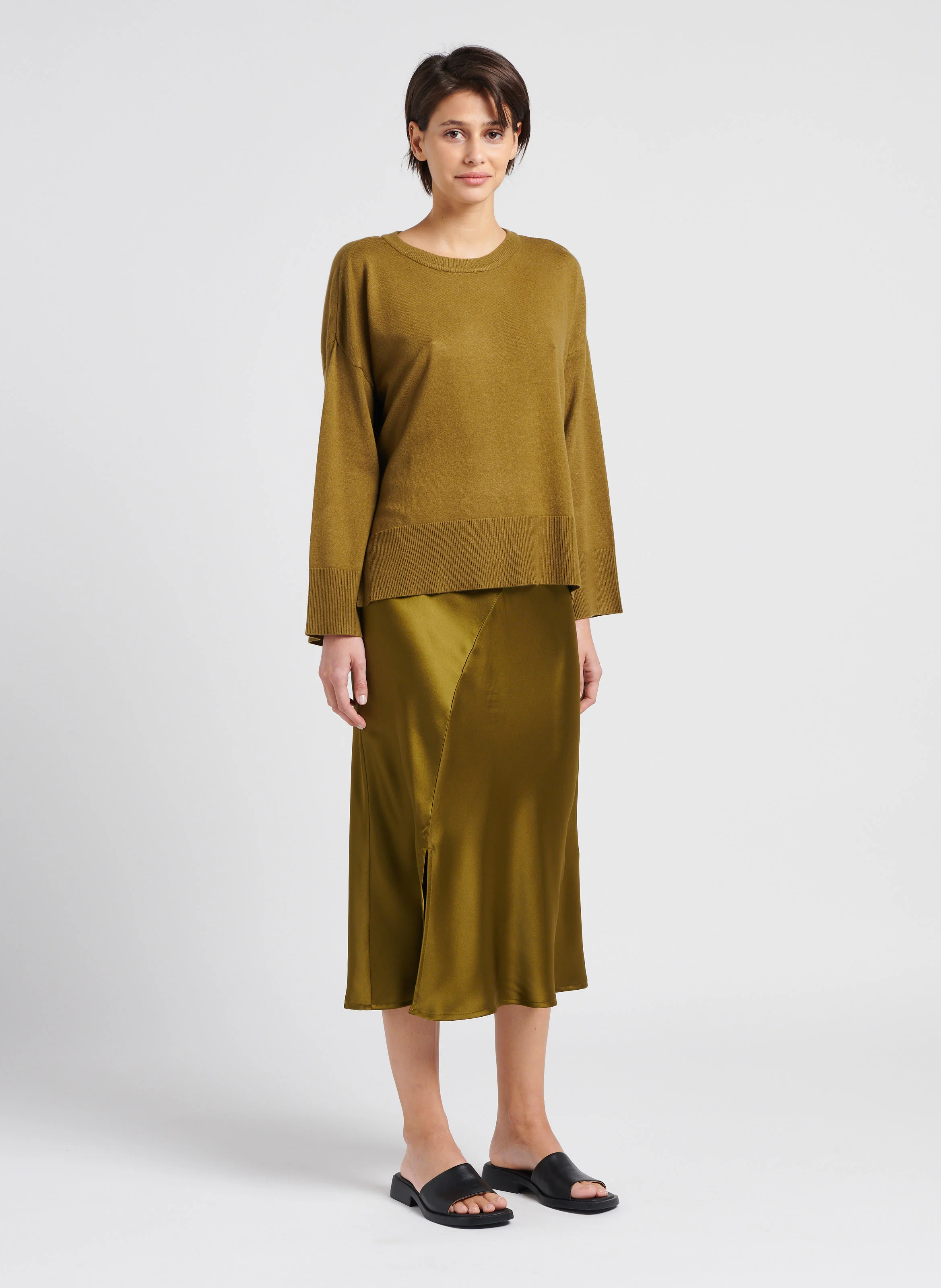 DALINDA - Pull col rond en maille mélangée | Vert