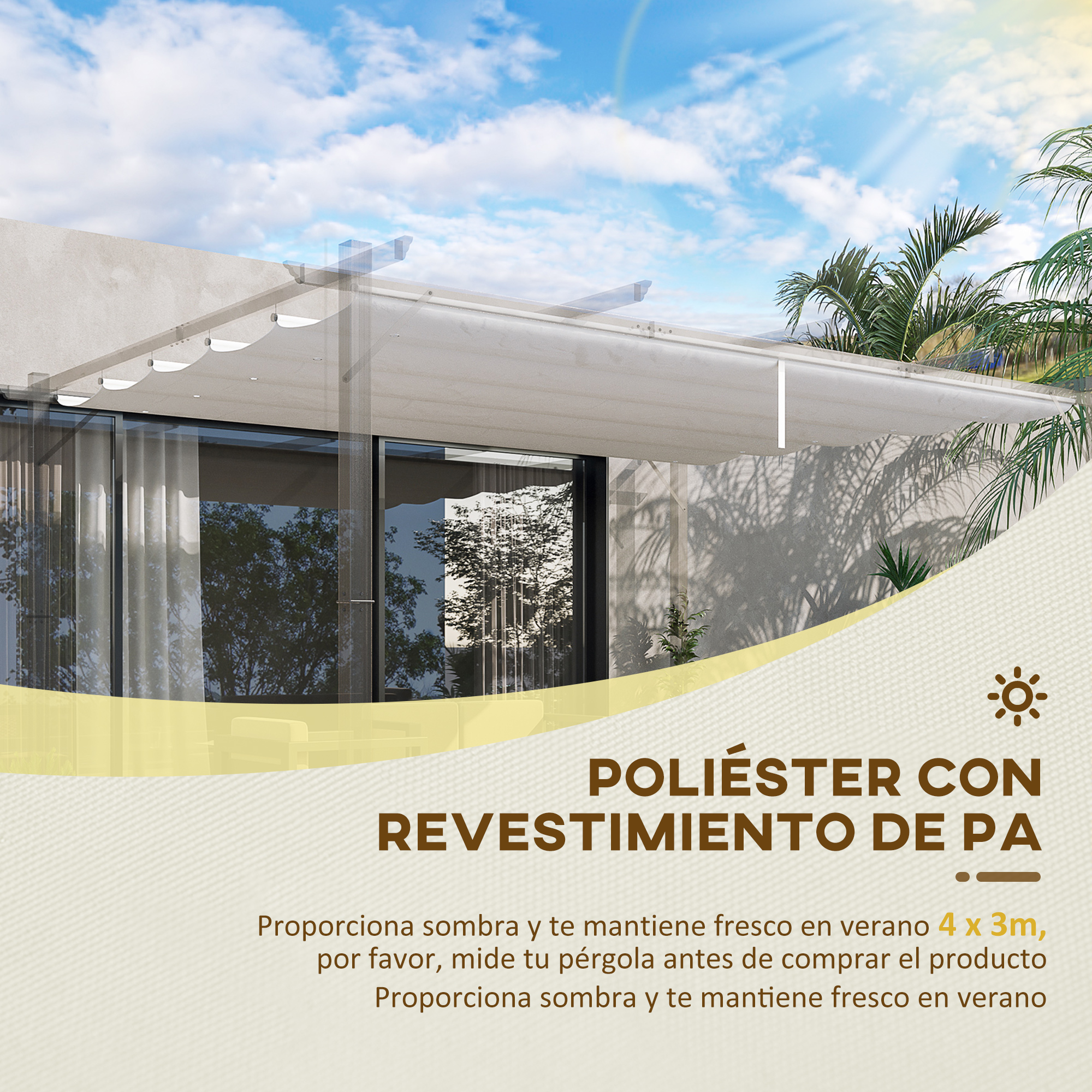 Cobertura retrátil Outsunny para pérgola, 3,5 x 2,5 m, para guarda-sol, toldo de tecido para gazebo de jardim com 10 orifícios de drenagem, cor creme.