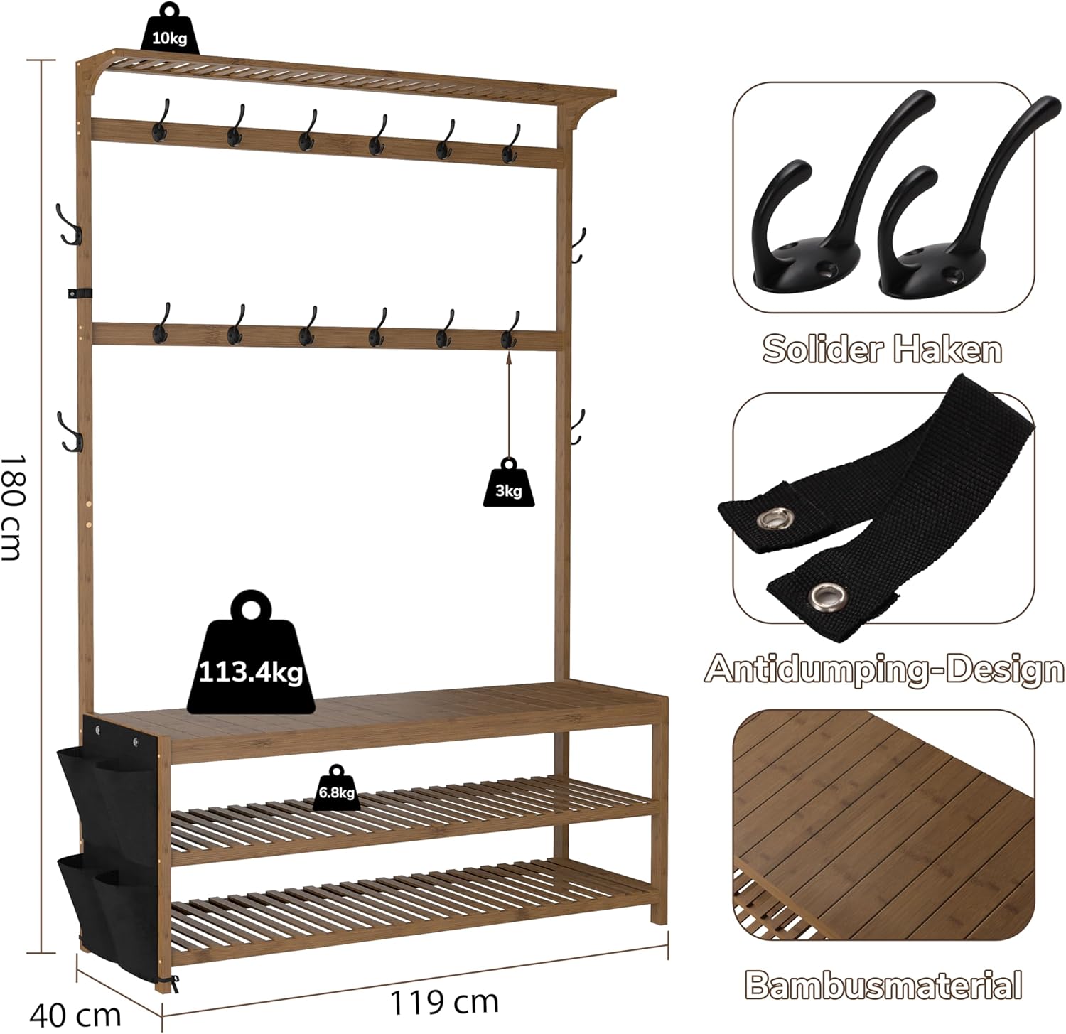 AMBIRD Garderobe aus Bambus Flurbaum mit Schuhbank und Regalen 6-in-1 Garderoben-Ständer mit Aufbewahrungstaschen und 14 Haken | Großformatige Maße in Braun, 119x40x180 cm