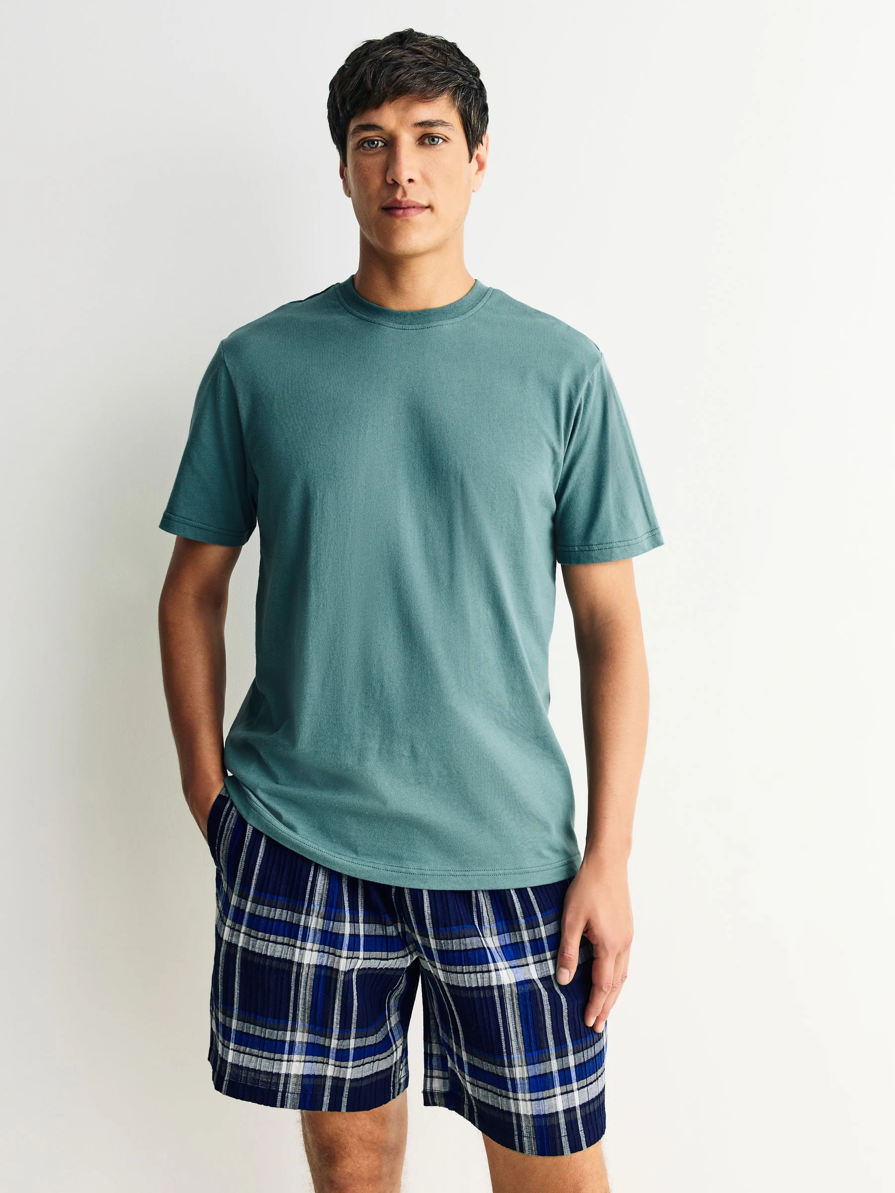 Donkerblauw - Geruite pyjama met korte mouwen