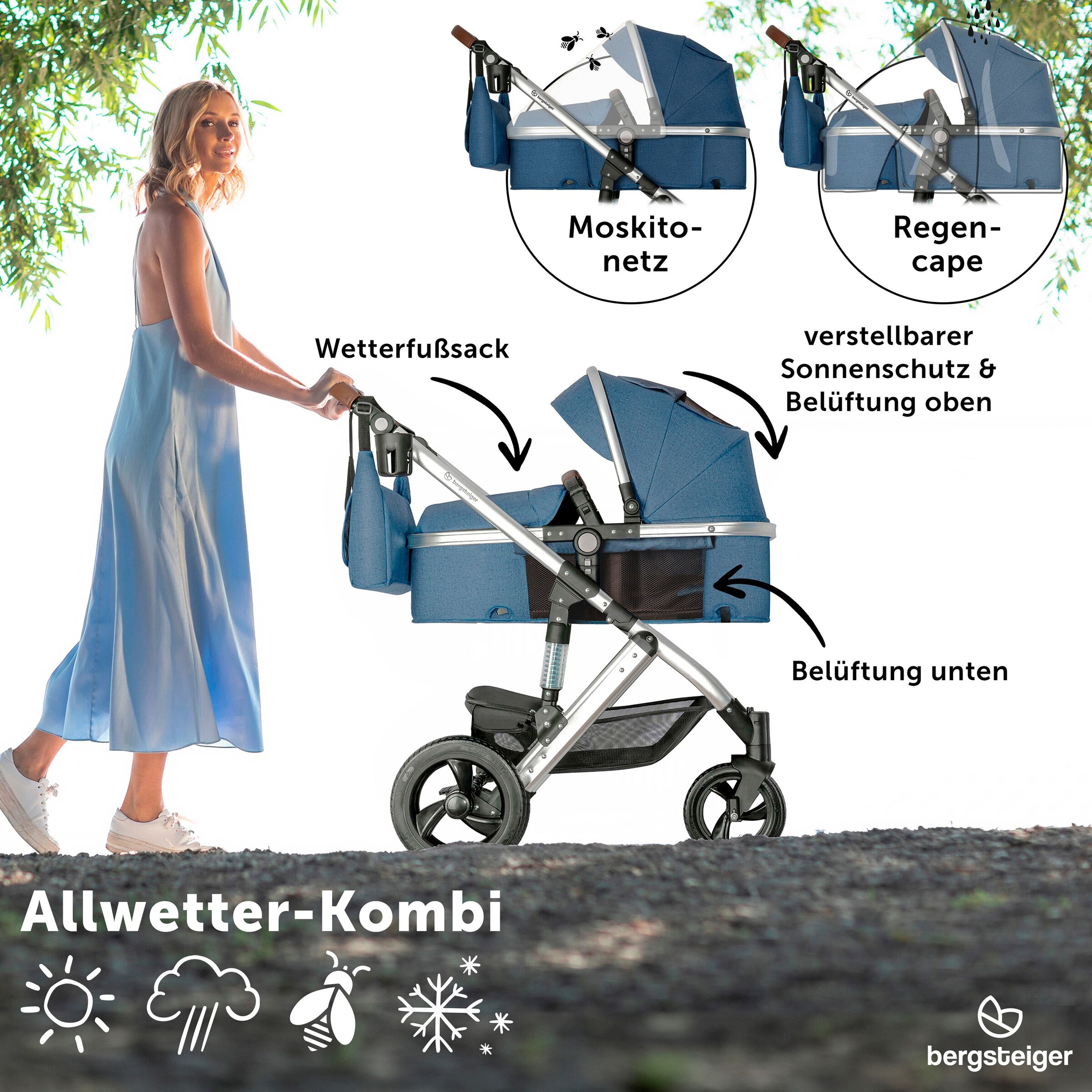 Bergsteiger Kinderwagen Nizza blue | Gestell: silver