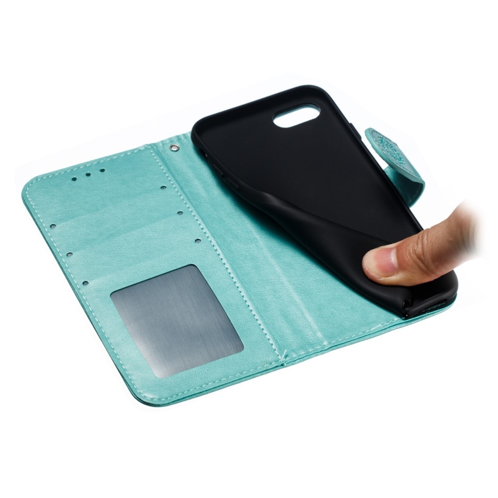 iPhone SE (2022/2020) / 8 / 7 Leder Tasche Wallet - Mandala Flowers Imprint - Türkis