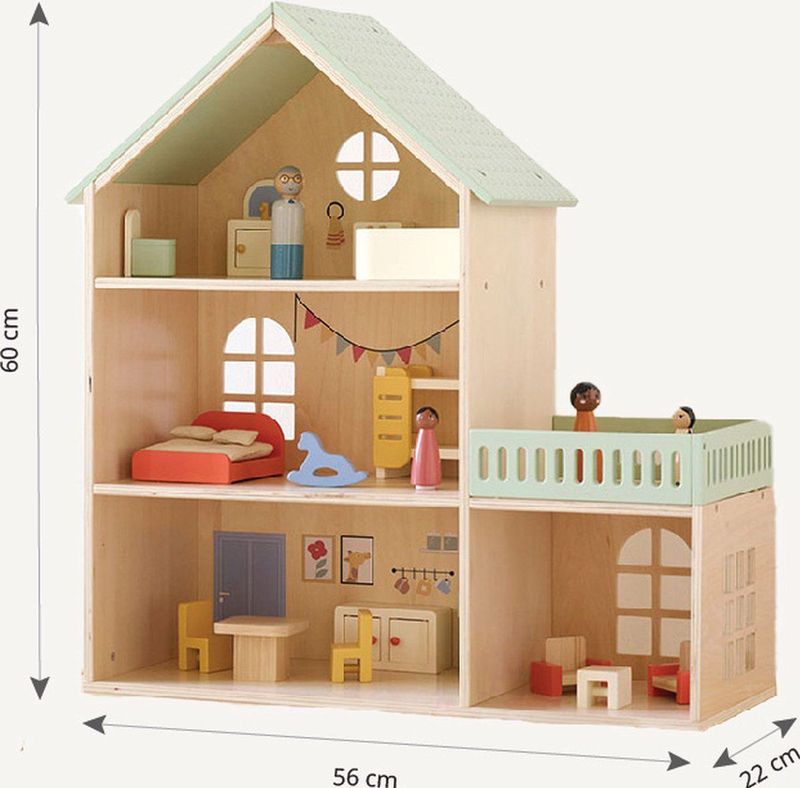 Houten Poppenhuis - Pastel - 15-delige Meubelset - 60 cm Hoog