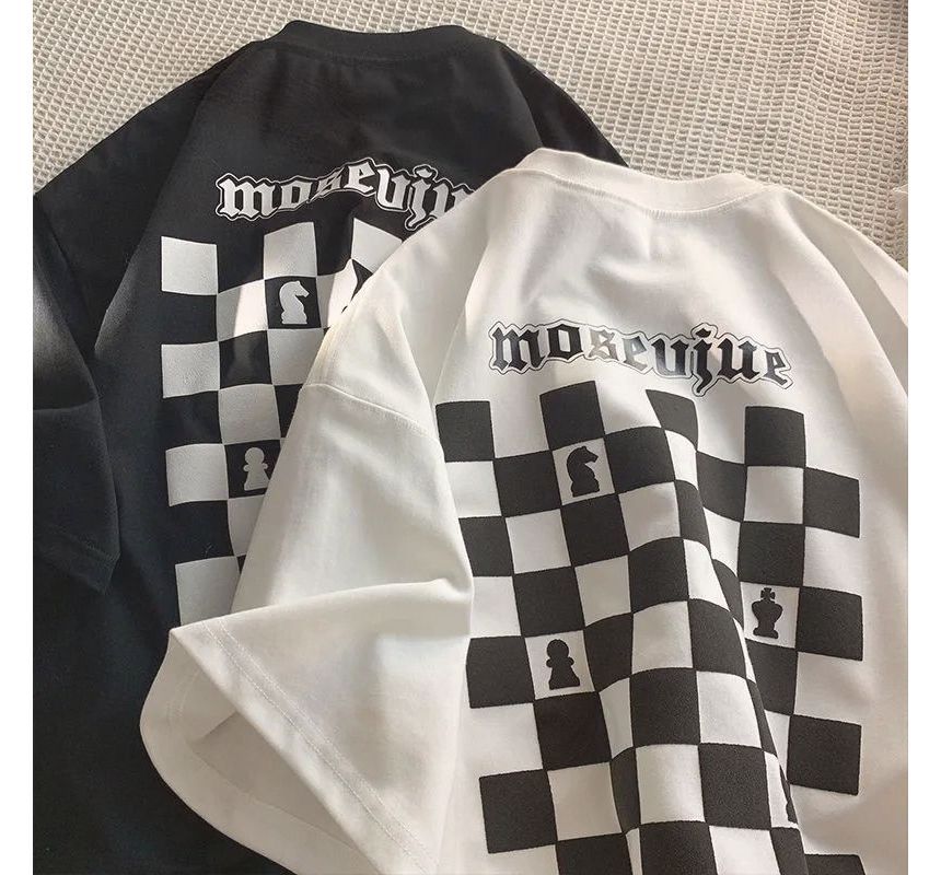 Macho - T-shirt met korte mouwen en ronde hals en dambordprint