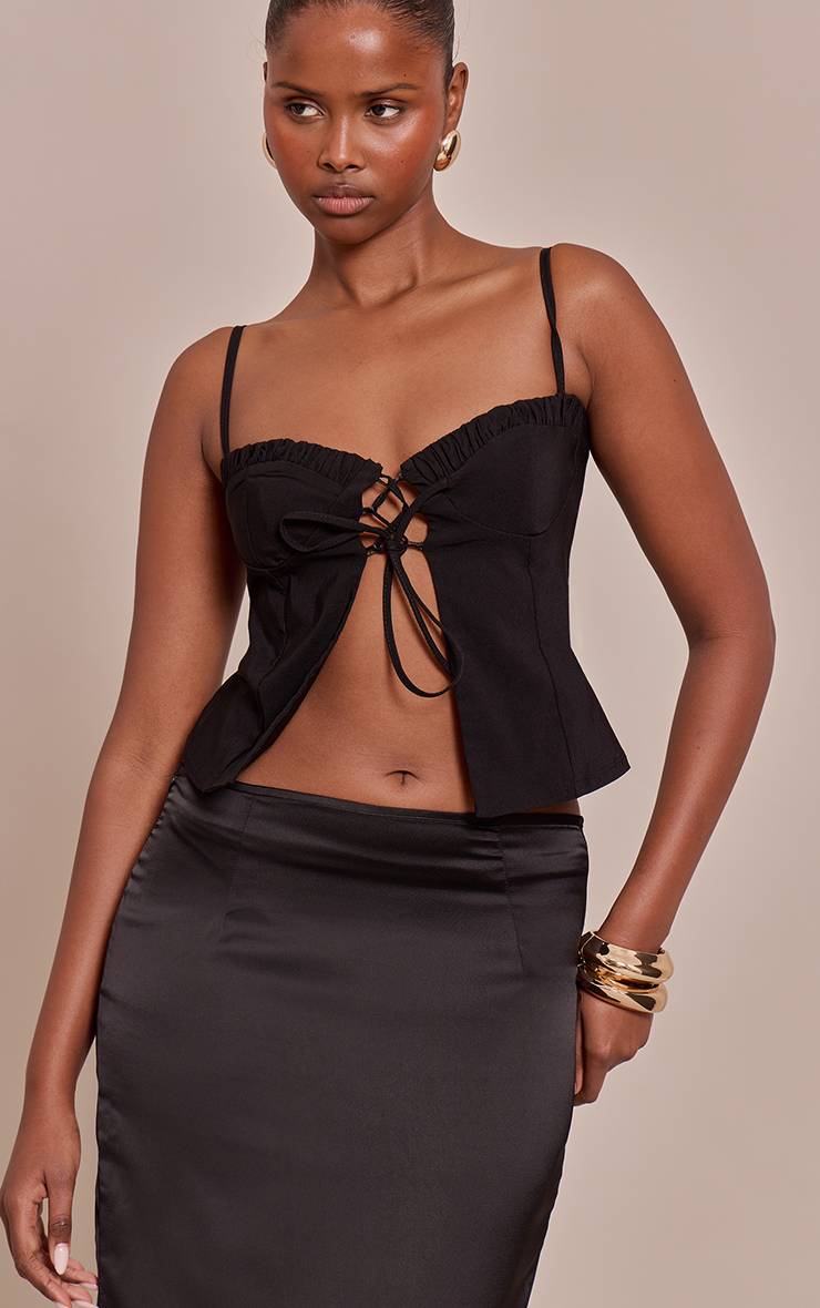 Noir Haut Bustier Froncé À Lacets En Tissu Extensible