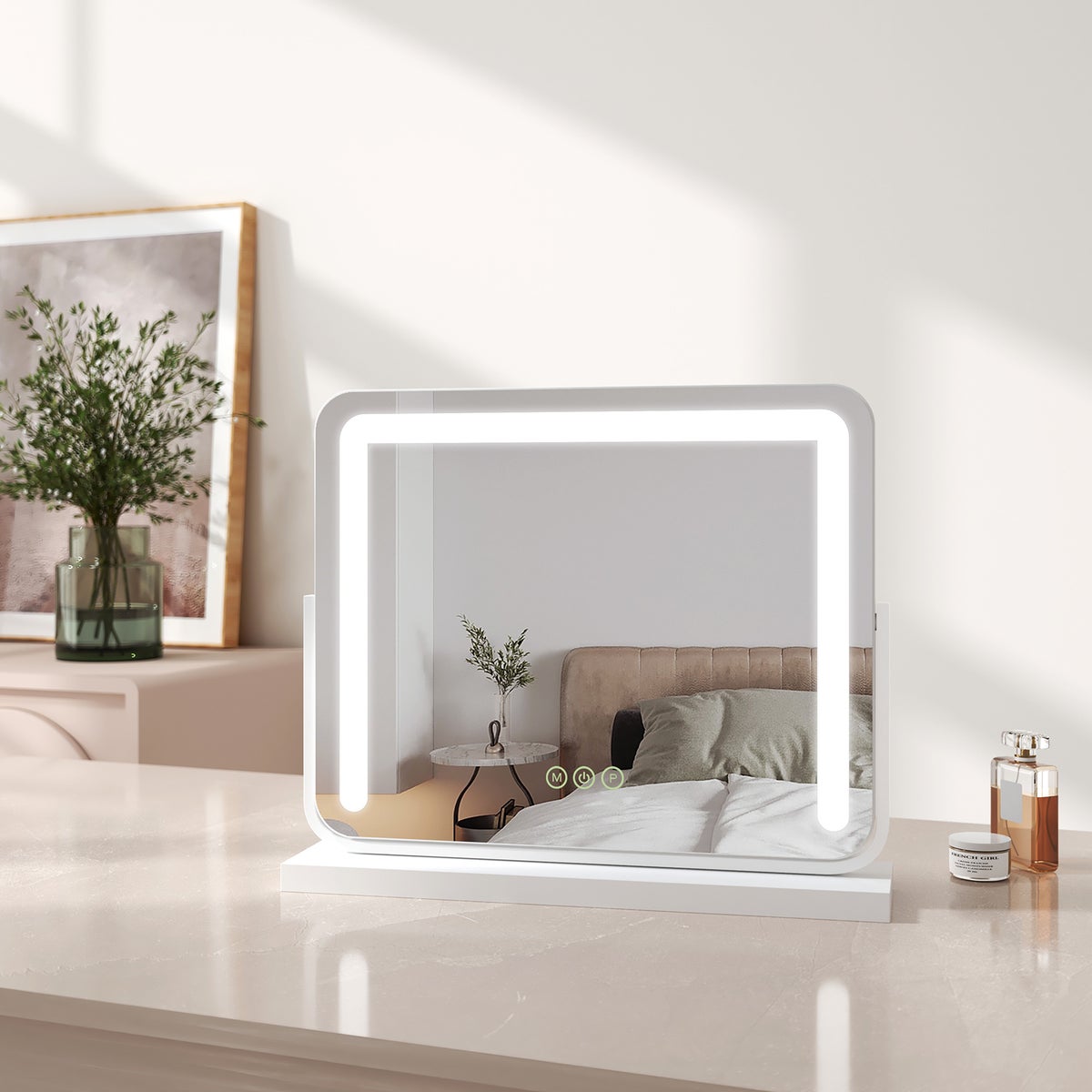 EMKE LED cosmeticaspiegel, vrijstaand model met touchschakelaar en geheugenfunctie, dimbare tafelspiegel 500x416mm, make-upspiegel 360° draaibaar, met 3 lichtkleuren, netvoeding, wit