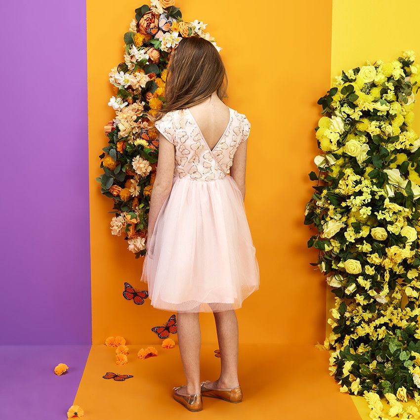 Robe de cérémonie en tulle avec papillons en sequins pour fille - Rose