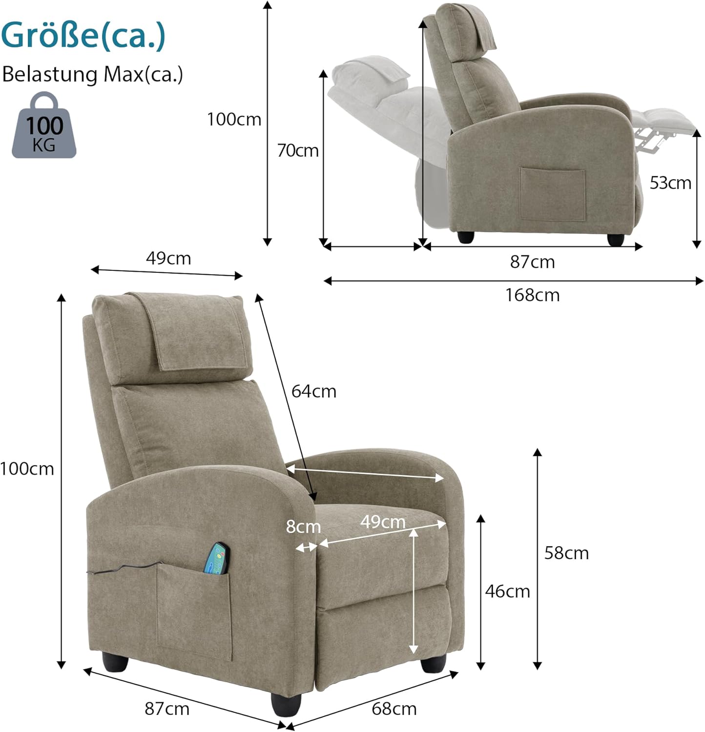 Relaxsessel Ergonomisch Massagefunktion, Einzelsofa Liegefunktion mit Heizung, Lesesessel Fernsehsessel Körper Vibration Sessel, Gesund Loungesessel Polstersessel, 67.5X87X100 cm (Beige)