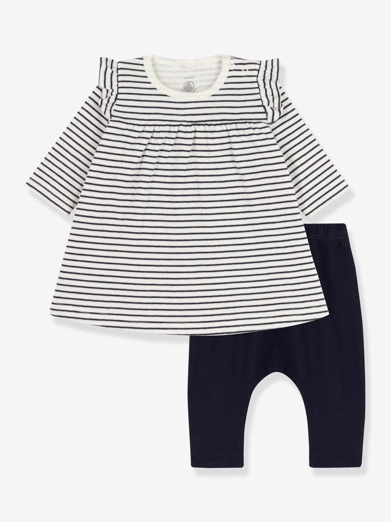 Conjunto PETIT BATEAU com vestido de marinheiro e legging cor creme para bebê