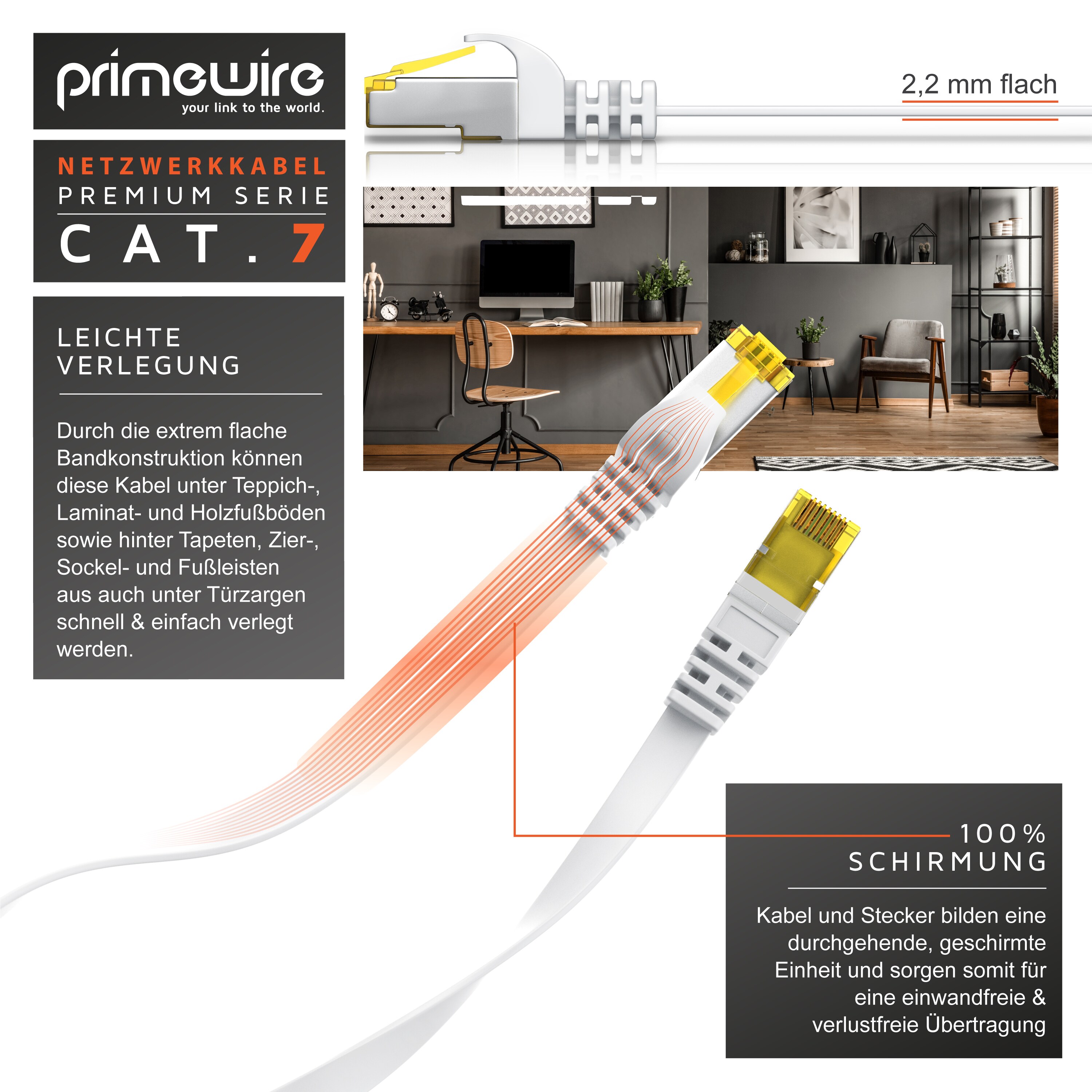 Primewire 10x LAN-Kabel CAT.7, RJ-45 (Ethernet), CAT 7 Flachband U/FTP Gigabit Netzwerkkabel 10 Gbit/s Patchkabel - 0,25m