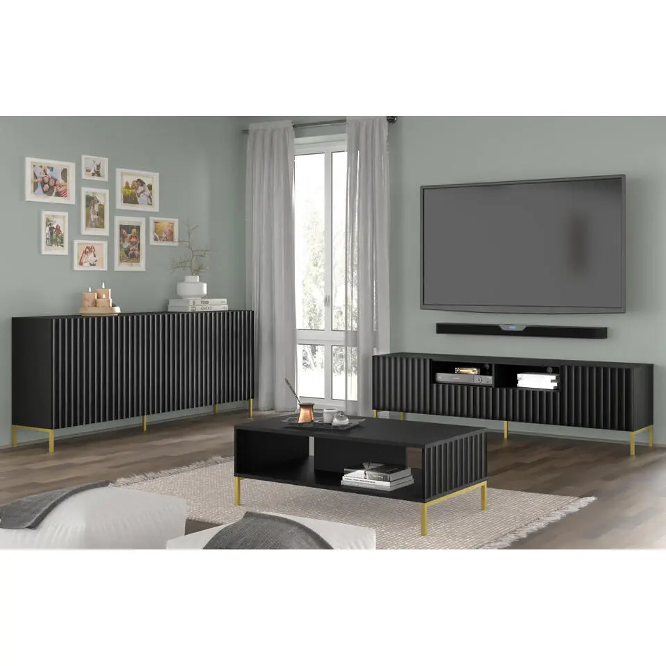 WAVE dressoir 4D 200 cm mat zwart   gouden frame