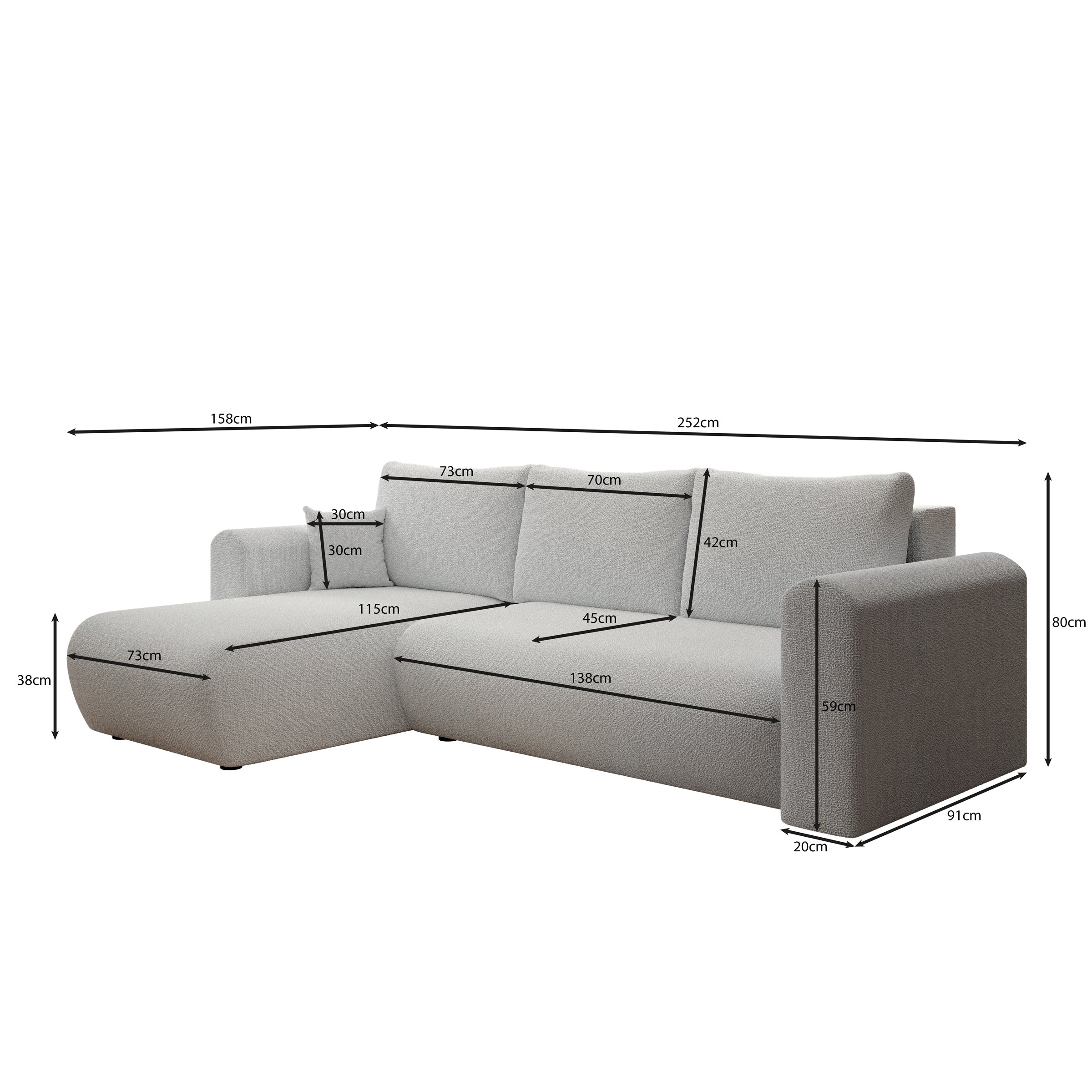 Esencia - Hoekbank 3-zits met chaise longue - Stof grijs - 252x158x80 cm