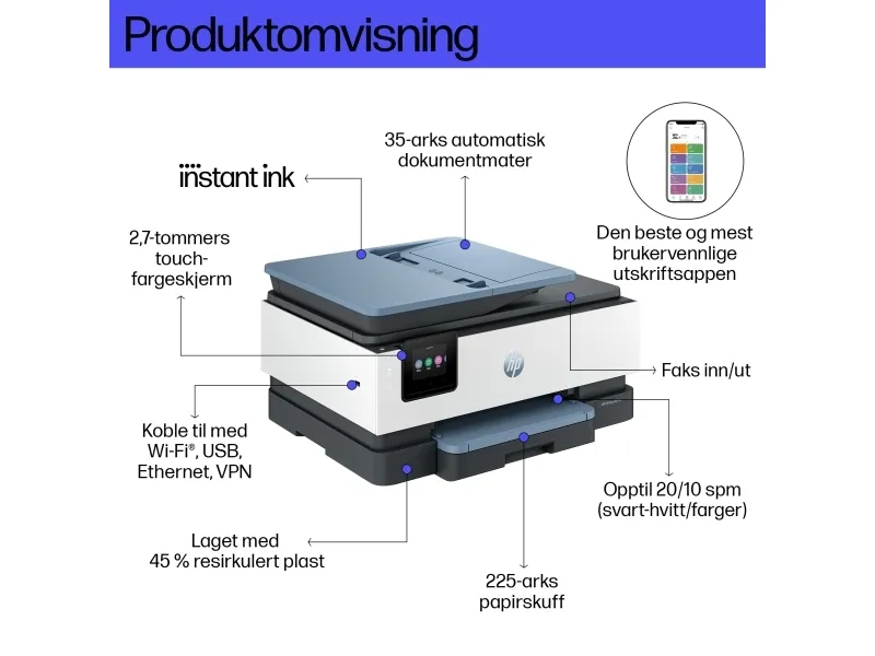 HP Officejet Pro 8125e All-in-One - Multifunktionsprinter - farve - blækprinter - Legal (216 x 356 mm) (original) - A4/Legal (medie) - op til 12 spm (kopiering) - op til 20 spm (udskriver) - 225 ark - USB 2.0, Wi-Fi(ac), LAN - mørk surf blå