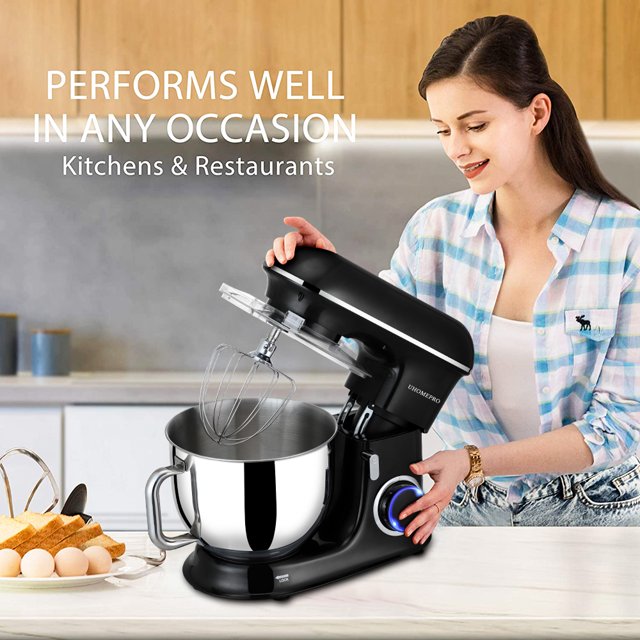 Batedeira de pedestal uhomepro de 7,5 QT para cozinha, 6 velocidades + 0 + P, cabeça inclinável, 660 W, batedeira elétrica para massa, uso doméstico e comercial, com gancho para massa, batedor, batedor de ovos, espátula, própria para lava-louças.