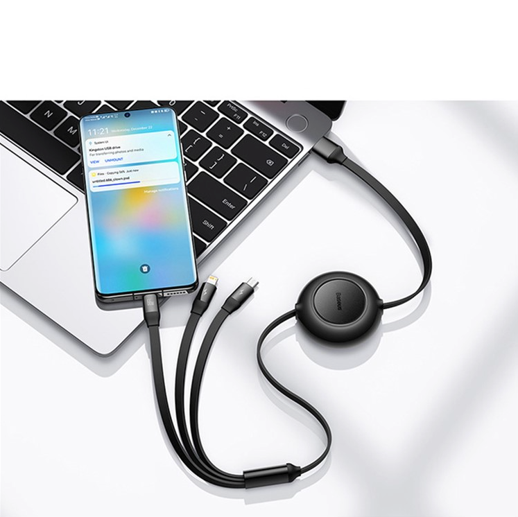 (1.1m) 66W/3.5A 3in1 Bright Mirror 2 Ausziehbares USB A auf USB C / Apple Lightning / Micro USB Ladekabel Datenkabel - Schwarz