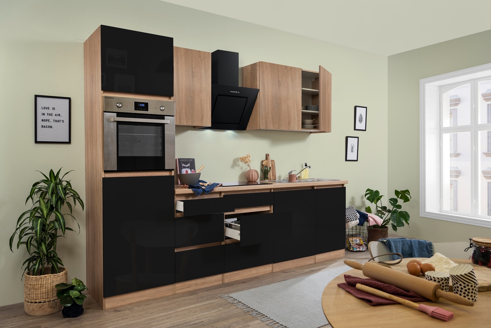 RESPEKTA Küchenblock - schwarz Hochglanz-Eiche Sägerau - mit E-Geräten - 280 cm