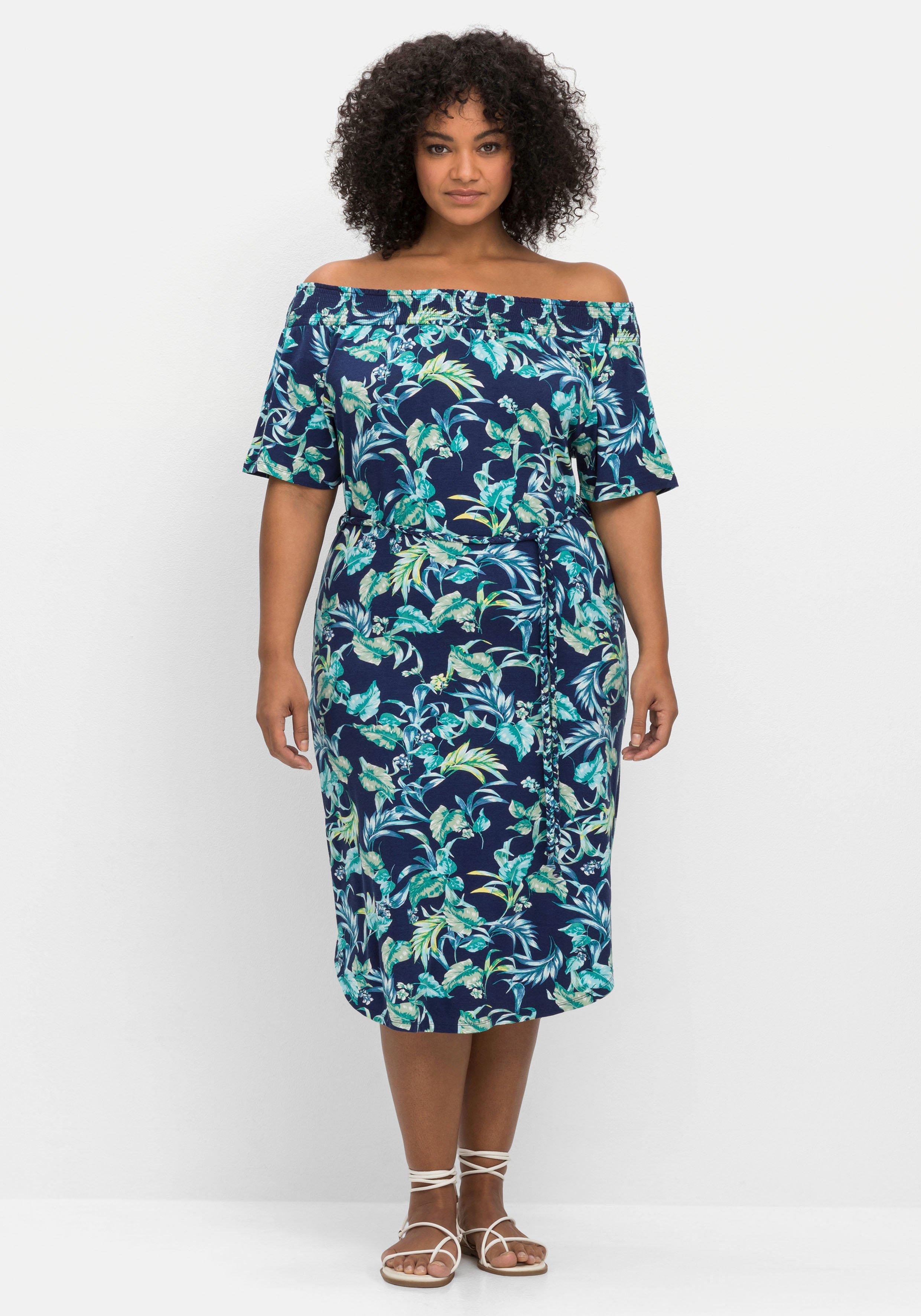 Jerseykleid mit Blätterprint und Carmenausschnitt