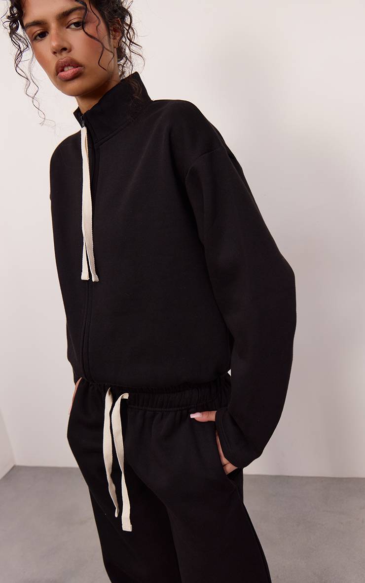 Noir Sweat-shirt Col Cheminée Avec Cordon De Serrage Contrasté