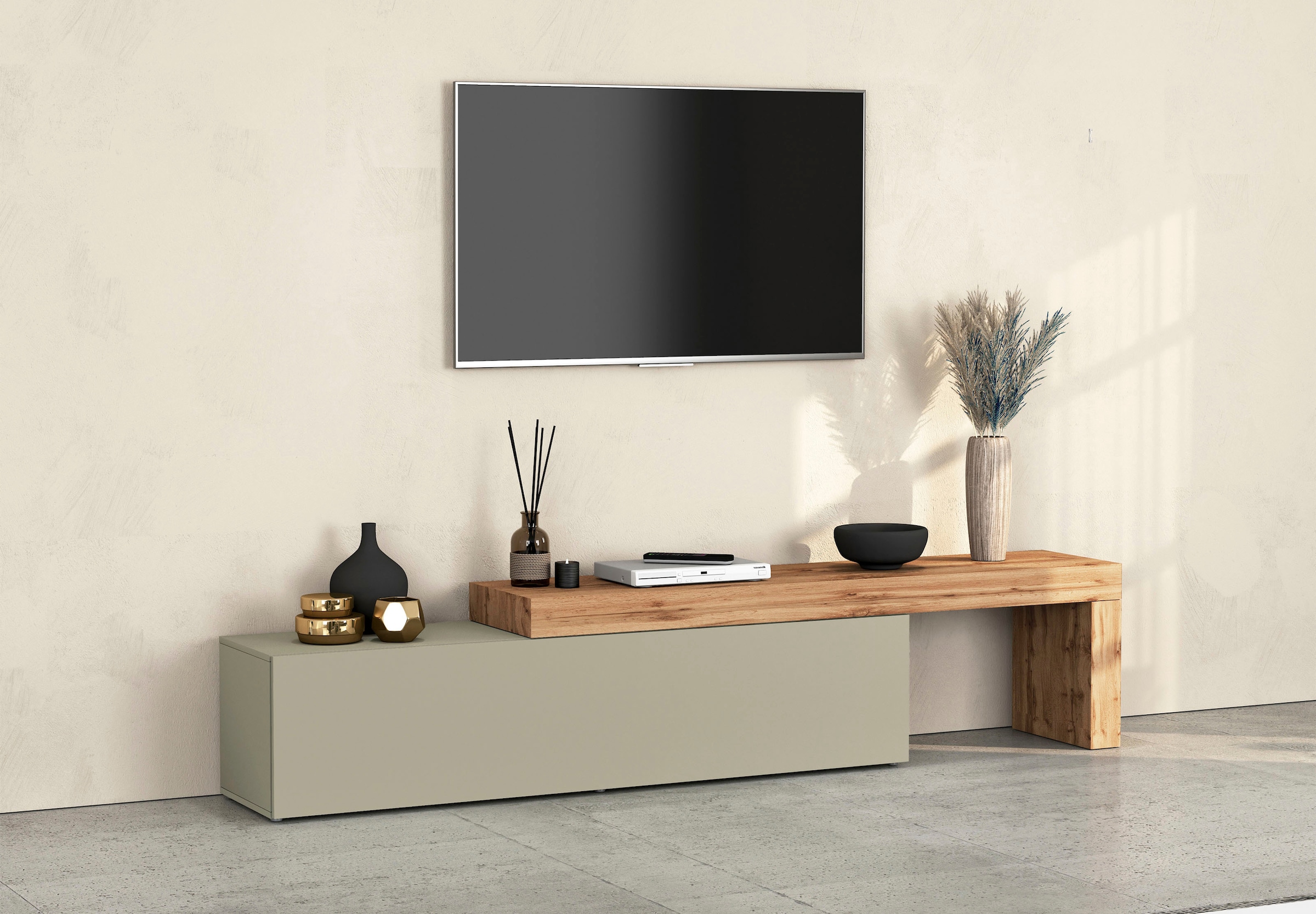 INOSIGN Lowboard »Chronos TV-Board, TV-Schrank« Breite verstellbar von 190 bis 350 cm, 1 Stk. tlg. Breite 270 cm TV-Board,Lowboard,1 Klappe und ein L-Förmiger Aufsatz