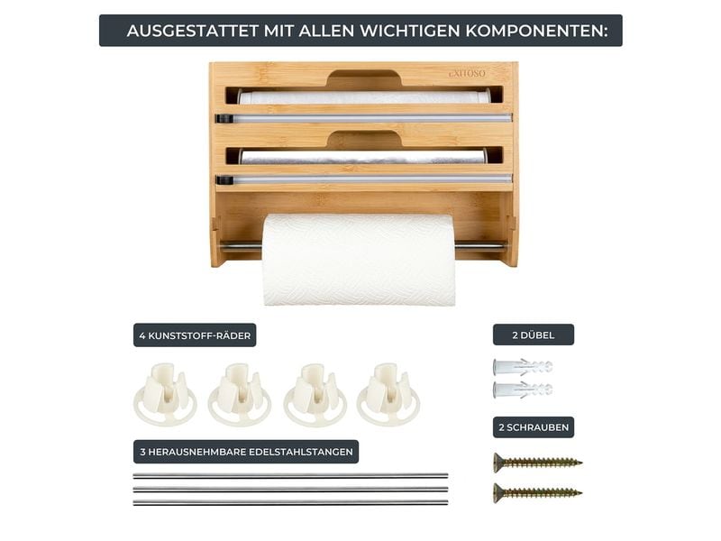 Exitoso 3 in 1 Küchenrollenhalter Braun Folienschneider, Wandrollenhalter und Frischhaltefolienspender