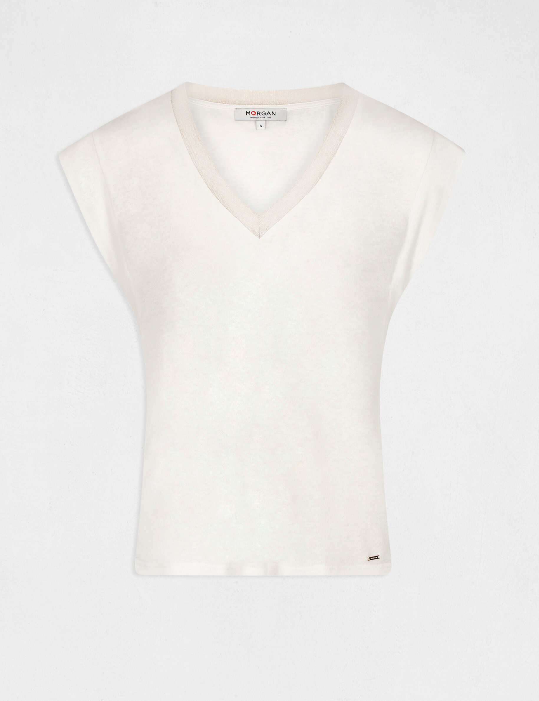 T-shirt manches courtes à col en V ecru femme - ecru