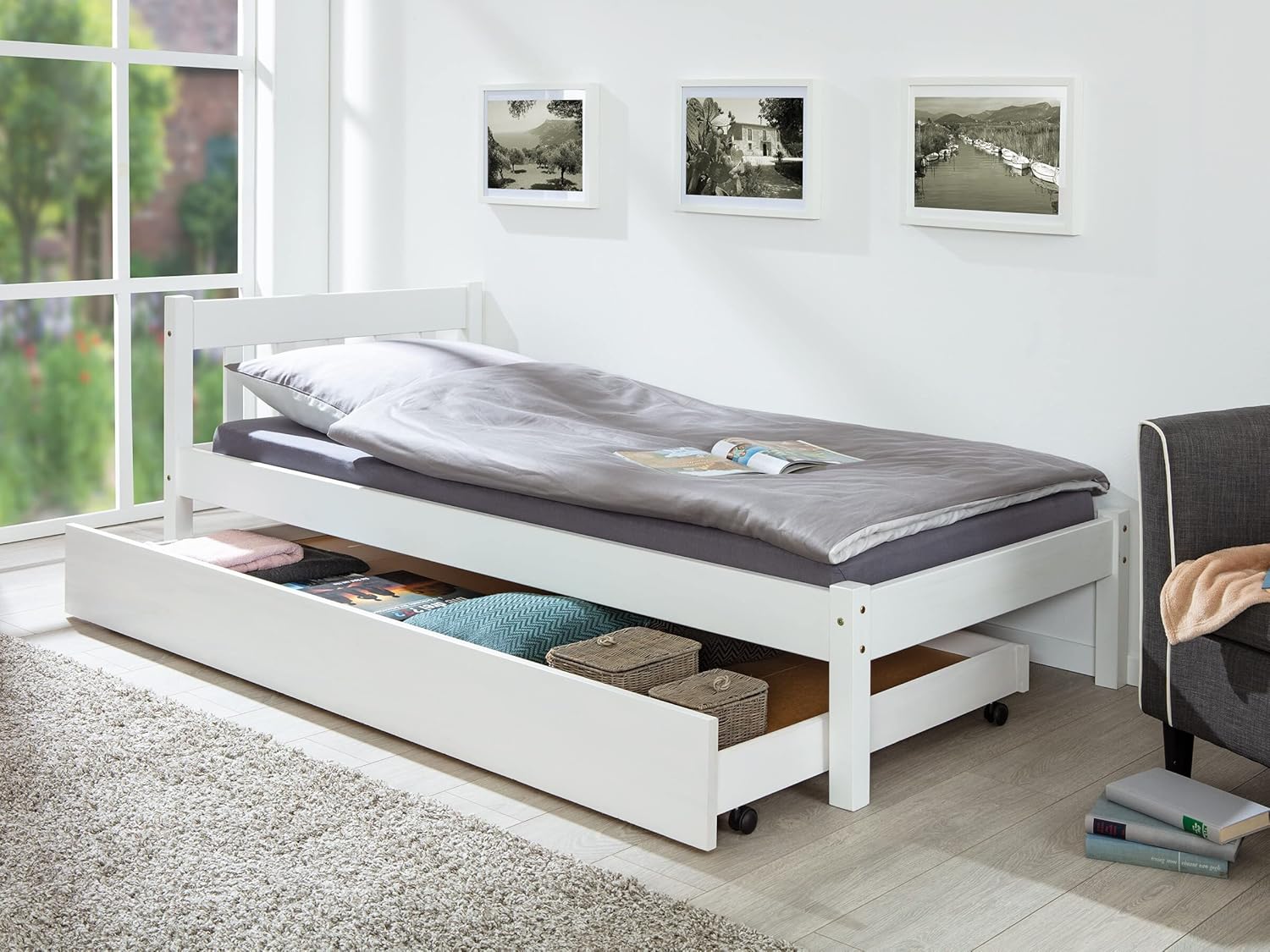 möbelando Bettschubkasten >Umea< (BxHxT: 199x22x94 cm) in Weiss - 199x22x94 (BxHxT)