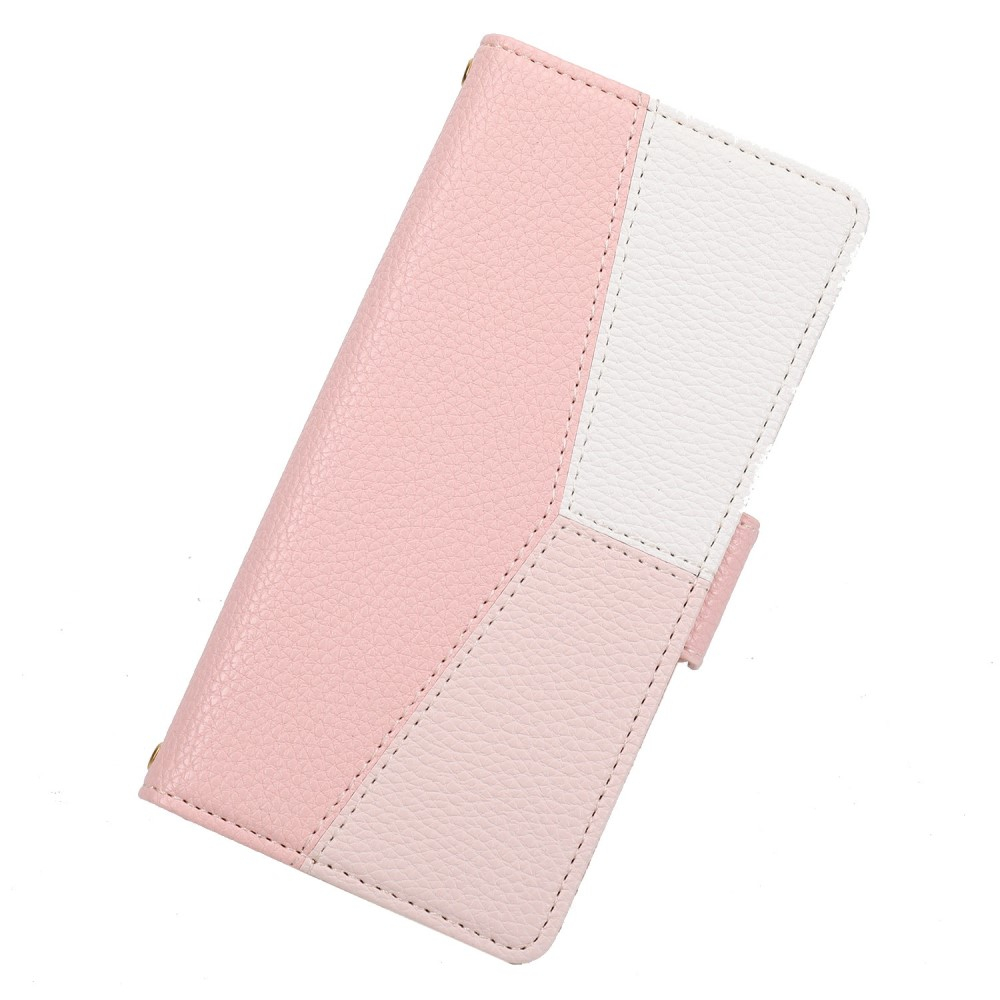 iPhone 12 / iPhone 12 Pro Leder Tasche Flip Cover Litchi Look mit Kartenfächern Geometrisches Design - Rosa / Weiss
