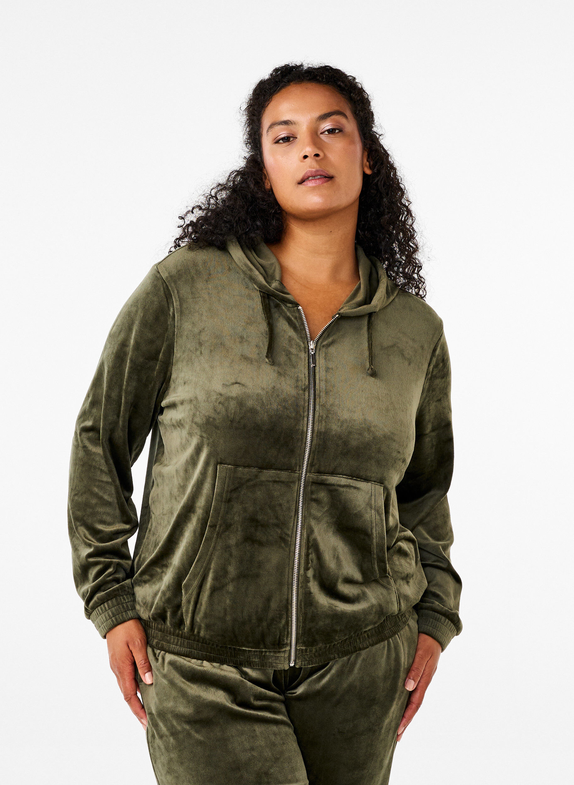 Velour cardigan med hætte