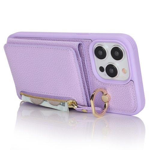 iPhone 13 Pro Necklace Leder Hülle mit Münzfach und Kartenfächer   Finger Griff Halterung   Handykette - Lila
