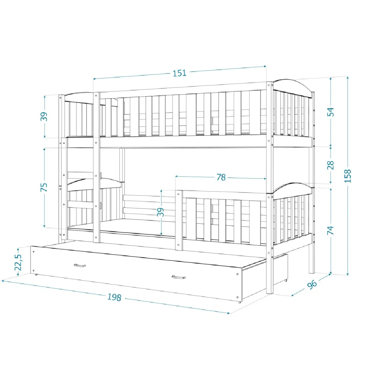 Kids Literie Lit TEO 3 Places 90x190