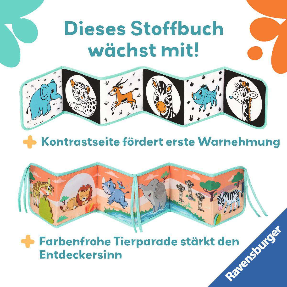 Ravensburger Spiel Play+ Mein allererstes Stoffbuch (für die Bauchlage): Wilde Tiere (Leporello)