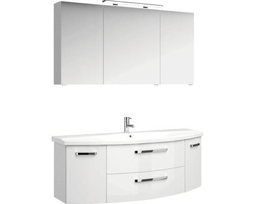 3-delige badkamermeubelset Pelipal xpressline 4010 BxHxD 144 x 200 x 49,5 cm, fronten hoogglans wit, met witte keramische wastafel en keramische spoelbak, badmeubel, spiegelkast met LED-verlichting, chromen grepen, 4010.1400109 40101400109