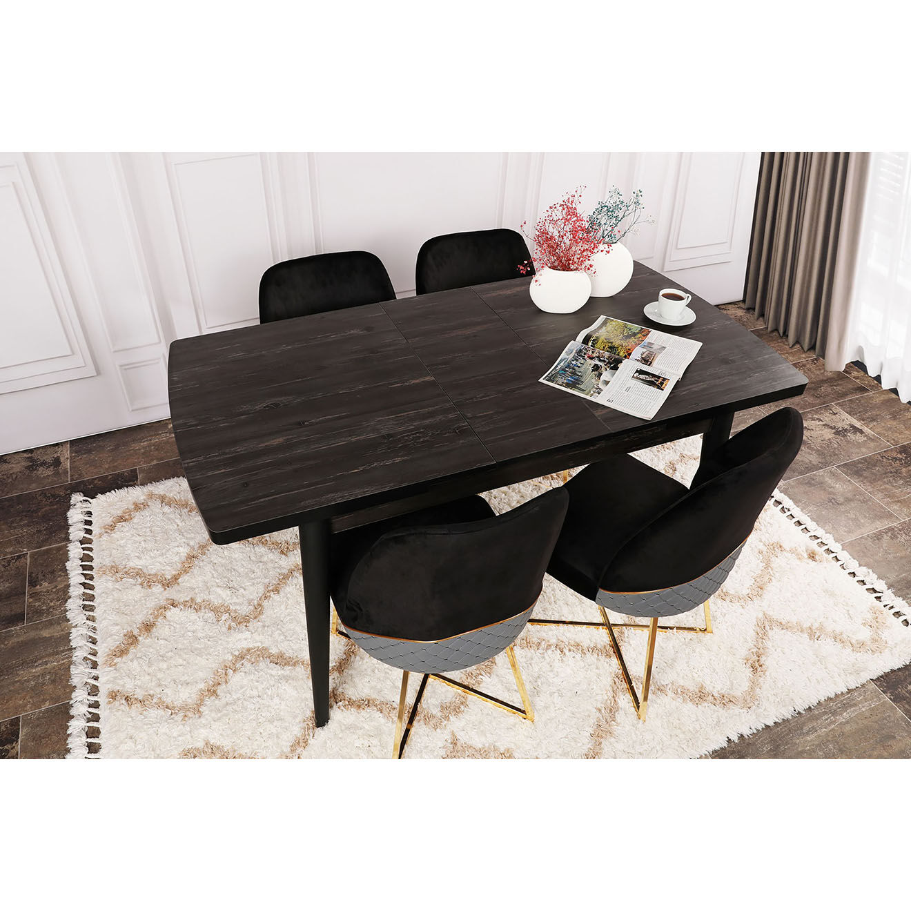 Homitis Table à manger inci noir -130+30x79x80 cm