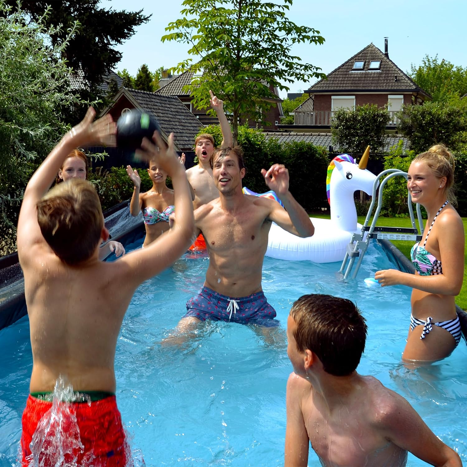 EXIT Toys Stone Pool - 540x250x100cm - Großer, Rechteckiger Rahmenpool mit Sandfilterpumpe - Extra tiefer Pool - Starker Rahmen - Inklusive Poolleiter - Einzigartiges Design - Grau