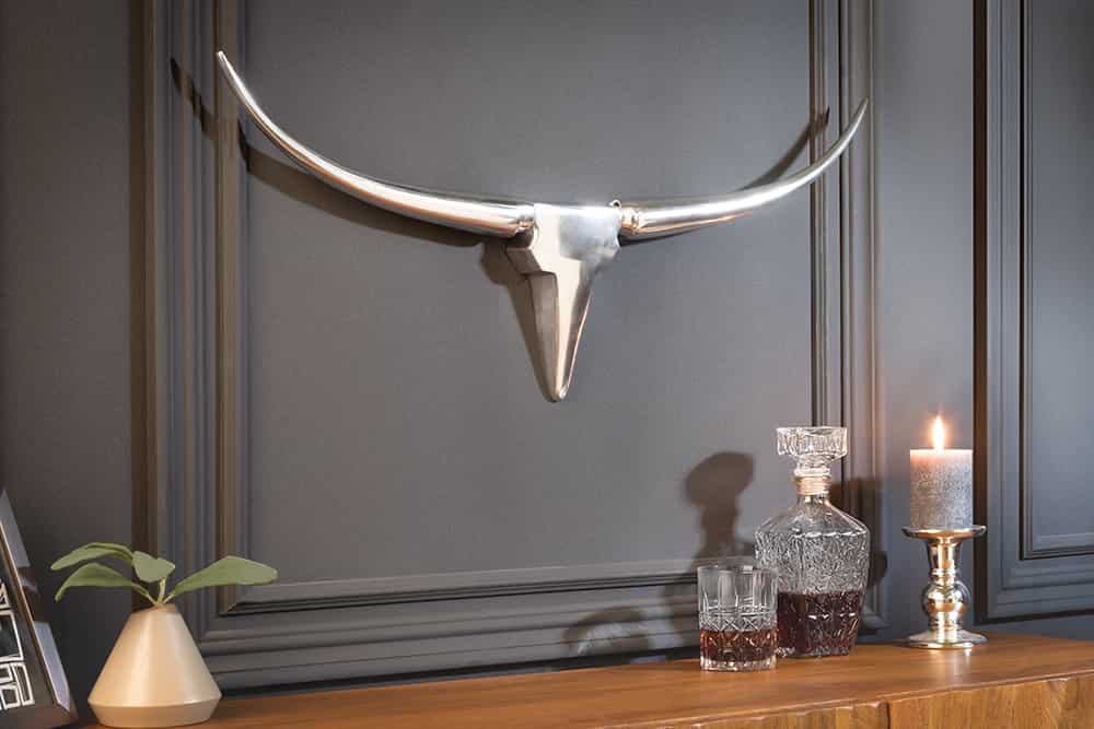 Moderne Design Wanddekoration BULL 75cm silber Aluminium Stierkopf
