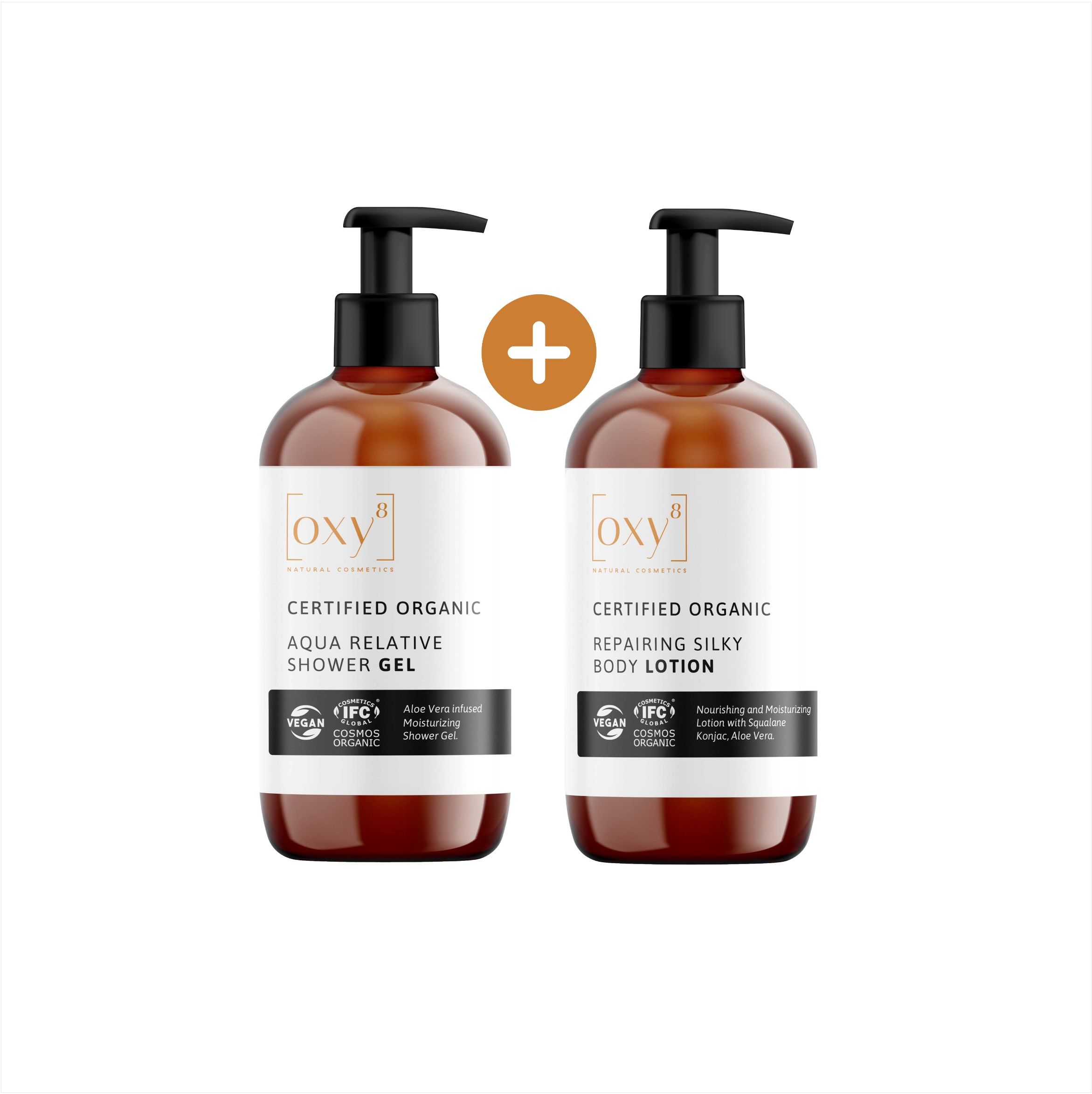oxy8 Naturkosmetik - Perfekt als Geschenk AQUA RELATIVE SHOWER GEL & REPAIRING SILKY BODY LOTION