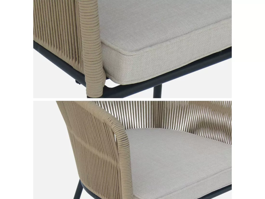 Lot de 4 fauteuils de jardin en corde beige et acier galvanisé. coussin beige